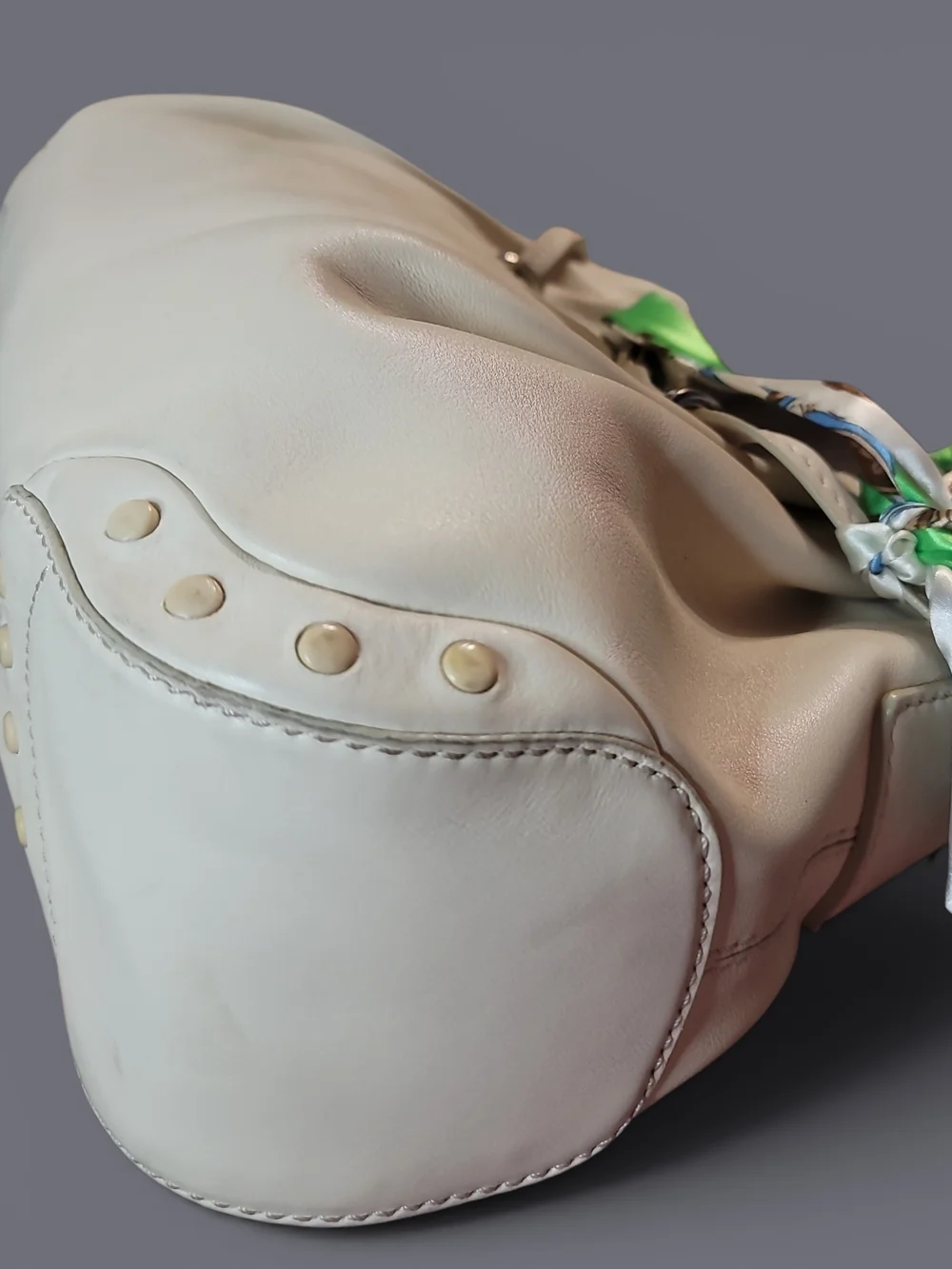 Tod's Cream Leather Hobo with Decorative Green-Blue Scarf Preloved